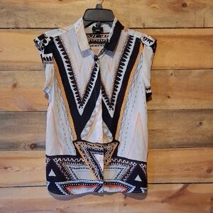 Sleeveless Button-Front Blouse in Cream with Black, Orange, Gold Geometric Print